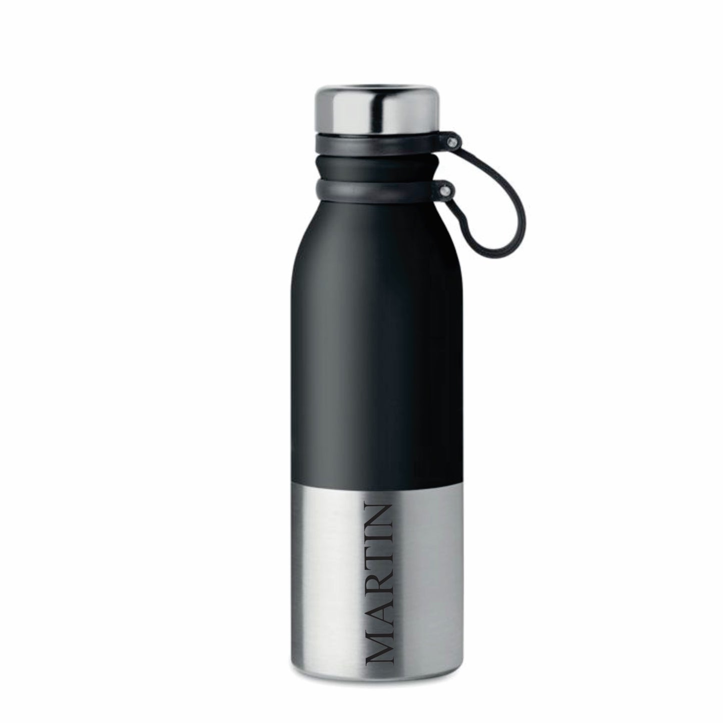 Termo flaška s silikonskim oprijemom z gravuro, 600 ml - ČRNA